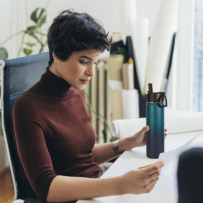 Volhoply 24oz Insulated Water Bottle With Straw Bulk 6 Pack,Metal Wide Mouth Water Bottles With Handle Keep Cold,Reusable Double Wall Cups,Powder Coated Sport Bottle For Holder(Dark Night,6 Count)