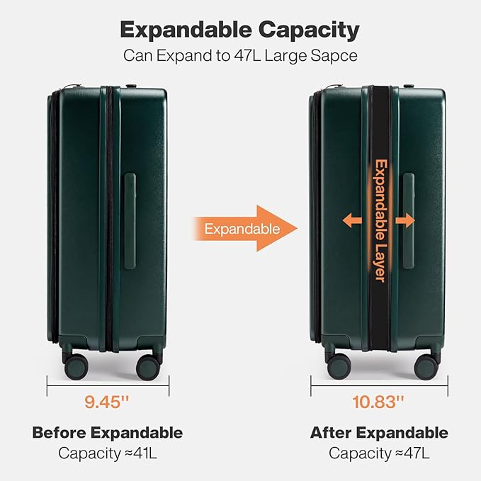mixi 20 Inch Expandable Carry On Luggage PC Hard Shell Suitcase Top Opening Rolling Travel Suitcases with Spinner Wheels & TSA Lock, Blackish Green