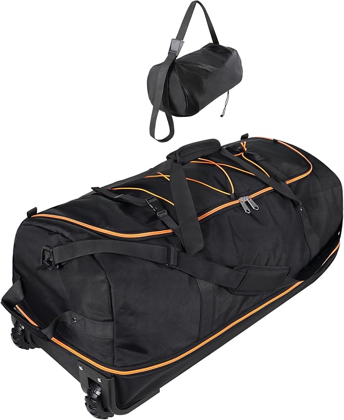 32” 1680D Oxford Foldable Duffle Bag with 2 Wheels,110L to 140L Expandable Soft Sided Rolling Travel Bag,Black-orange