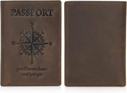 Polare Luxury RFID Blocking Leather Passport Holder Travel Wallet For Men and Women (Dark Brown Compass)