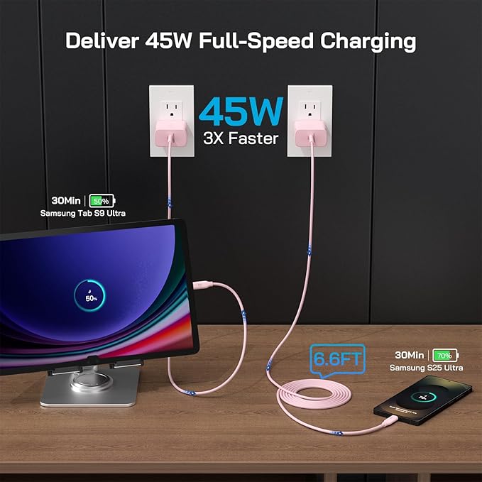 45W Super Fast Charger Type C, [2 Pack] 45 Watt USB-C Charger PD/PPS Wall Charging Block for Samsung Galaxy S25 Ultra/S24/S23 Ultra/S23+/S22 Ultra/S22+/S20 Ultra, Tab S8(Pink, with 2X 6.6ft Cable)