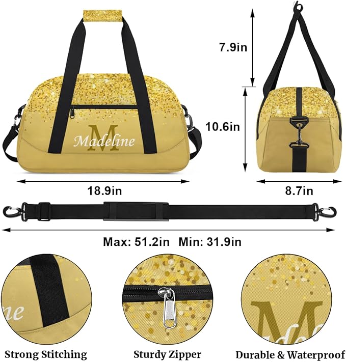 Personalized Kids Sports Duffel Bag with Name Custom Weekender Overnight Bag for Boys Girls Gym Bag Travel Dance Gymnastics Duffel Bag, Gold Glitter