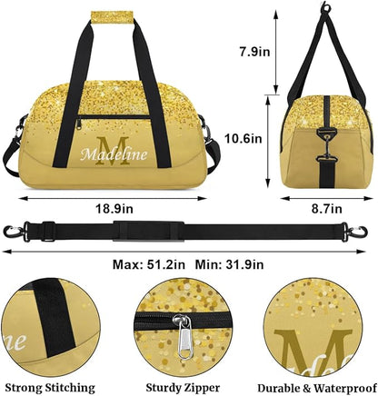 Personalized Kids Sports Duffel Bag with Name Custom Weekender Overnight Bag for Boys Girls Gym Bag Travel Dance Gymnastics Duffel Bag, Gold Glitter
