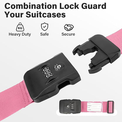 Luggage Straps, Pink TSA Approved Luggage Strap Belt with Combination Lock for Suitcases, 2 Pack Adjustable Heavy Duty Cross Suitcase Straps with Name Tags for Travel, Carry On Bags, Protect Luggage