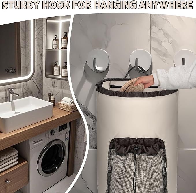 Laundry Bag Backpack with Shoulder Straps and Mesh Pocket Foldable Clothes Hamper Bag with Drawstring Closure for College, Apartment, Laundromat (Grey)