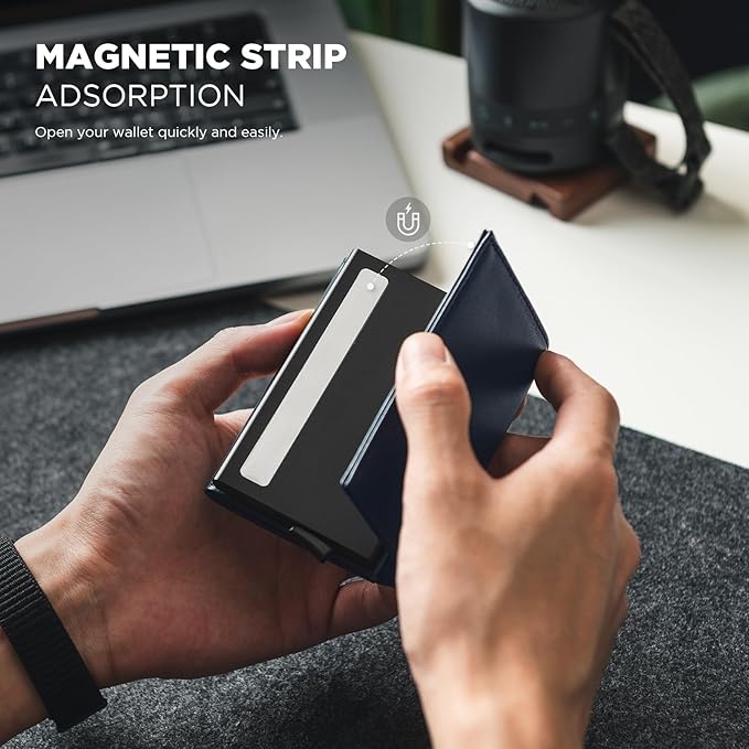 VULKIT Pop up Card Wallet Minimalist Cash Wallets RFID Blocking Leather Smart Credit Card Holder with ID window for Men