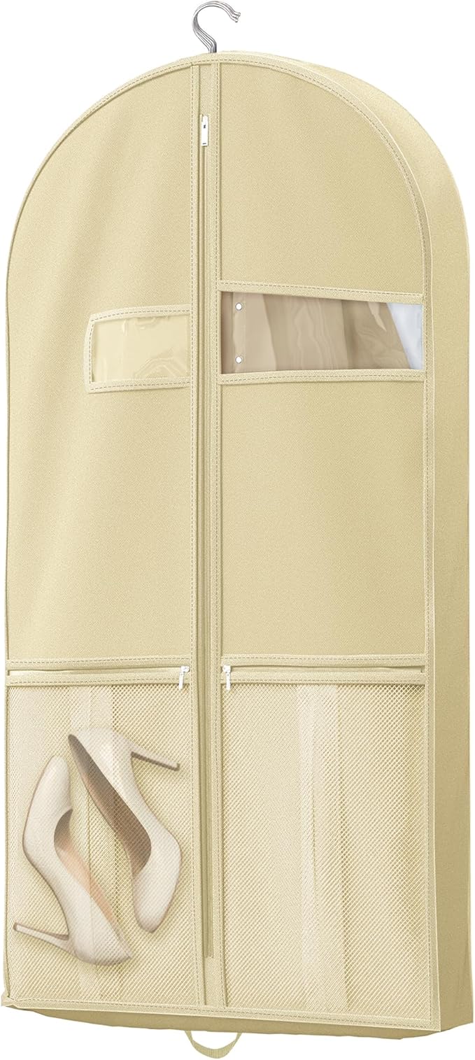 43" Travel Garment Bag with Accessories Zipper Pocket, Heavy Duty Suit Bag for Suits, Tuxedos, Dresses, Coats, Beige, 1 pack