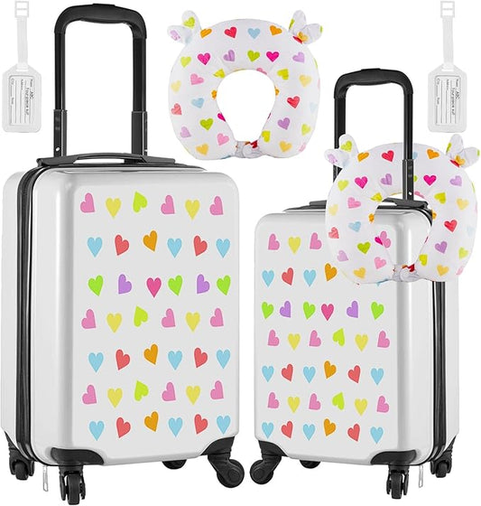 Sanwuta 6 Pcs Kids Luggage Set Kids Rolling Suitcases for Girls(White,18", 20",Heart)