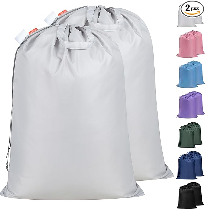 Polecasa Heavy Duty Large Laundry Bag with 130gsm Tear Resistant Fabric and Handles, Easy to Carry Durable Dirty Clothes Drawstring Bag, Perfect for College Dorm, Travel, 2 Pack 28”x36”, Silver