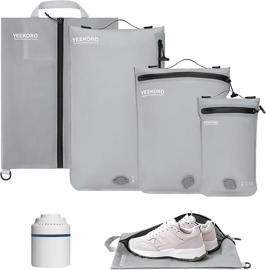 4 Set Vacuum Bags for Travel, Professional Reusable Organizer Bag with IPX8 Waterproof Zipper, Compression Bag for Suitcases, Durable Seal Space Saver Bags (with pump)