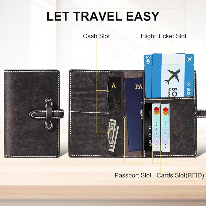 Leather Passport Holder for Travel Women Men, RFID Blocking Card Slot, Top-Grain leather with Magic Buckle, Boarding Pass Pocket,Retro Passport Wallet,Dark Gray