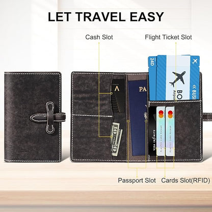 Leather Passport Holder for Travel Women Men, RFID Blocking Card Slot, Top-Grain leather with Magic Buckle, Boarding Pass Pocket,Retro Passport Wallet,Dark Gray