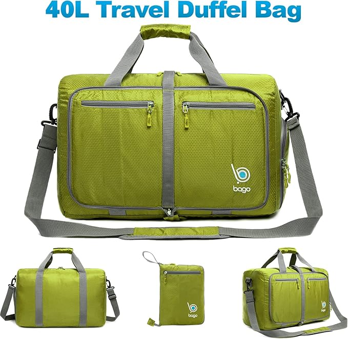 Bago Foldable Duffel Bags for Traveling Women & Men - 40L Sports Packable Duffle Bag for Travel with Shoe Compartment - Water Repellant, Heavy Duty, Lightweight Folding & Collapsible (Green)