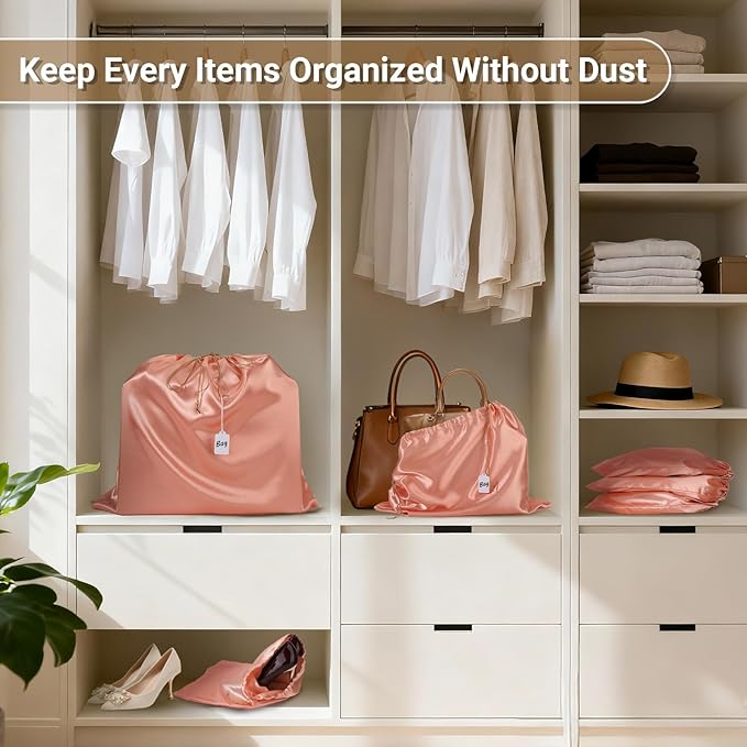 Ewen 7Pcs Dust Bags for Handbags, Silk Cloth Bag with Drawstring, 2Pcs 19.6x15.7in Bag for Purse, 2Pack 11.8x15.7in Storage for Shoes, 3Pack 23.6x19.6in Dust Bags, Pink Orange Pouch Cover for Travel