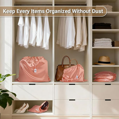 Ewen 7Pcs Dust Bags for Handbags, Silk Cloth Bag with Drawstring, 2Pcs 19.6x15.7in Bag for Purse, 2Pack 11.8x15.7in Storage for Shoes, 3Pack 23.6x19.6in Dust Bags, Pink Orange Pouch Cover for Travel