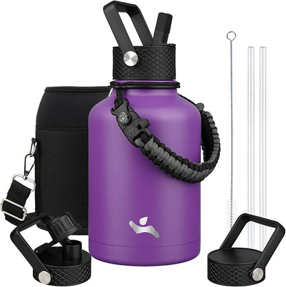 Insulated Water Bottle with Straw,50 oz 3 Lids Water Jug with Carrying Bag,Paracord Handle,Double Wall Vacuum Stainless Steel Metal Flask,Purple