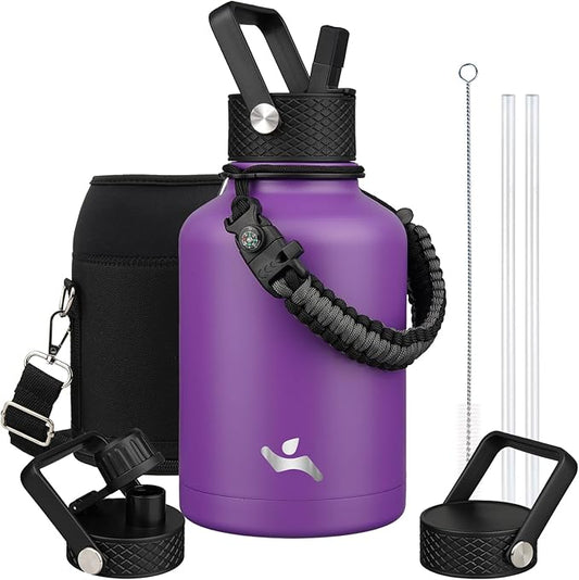 Insulated Water Bottle with Straw,50 oz 3 Lids Water Jug with Carrying Bag,Paracord Handle,Double Wall Vacuum Stainless Steel Metal Flask,Purple