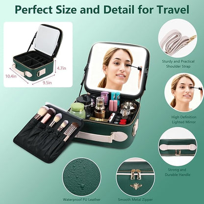 Travel Makeup Bag with Light Up Mirror, Portable Makeup Bag with Led Light Women Waterproof Makeup Travel Case adjustable dividers Rechargeable Vanity Mirror with 3 Color Lights (Green)