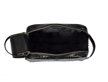 10" Premium Leather Toiletry Travel Pouch With Waterproof Lining | King-Size Handcrafted Vintage Dopp kit By Aaron Leather Goods (Grease Black)