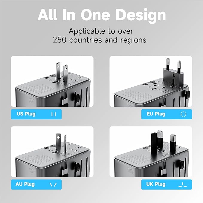 Minthouz Universal Travel Adapter, International 100W Power Adapter GaN Fast Charger with 2 USB-C PD, 1 USB-C Cable &A Ports, All-in-One Portable AC Power Plug Adapter for USA EU UK AUS