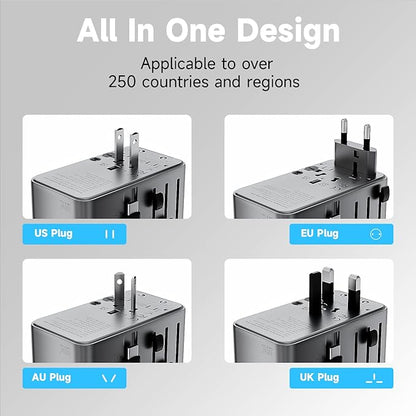 Minthouz Universal Travel Adapter, International 100W Power Adapter GaN Fast Charger with 2 USB-C PD, 1 USB-C Cable &A Ports, All-in-One Portable AC Power Plug Adapter for USA EU UK AUS