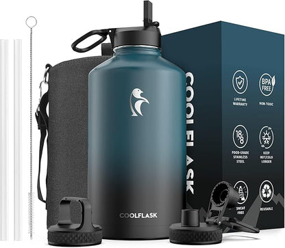 Coolflask 128 oz Gallon Water Bottle Insulated with Straw&3 Lids, Water Jug Large Stainless Steel Metal Vacuum Wide Mouth for Sports, Gym or Office, Non-BPA Keep Cold 48H Hot 24H, Samurai Cyan