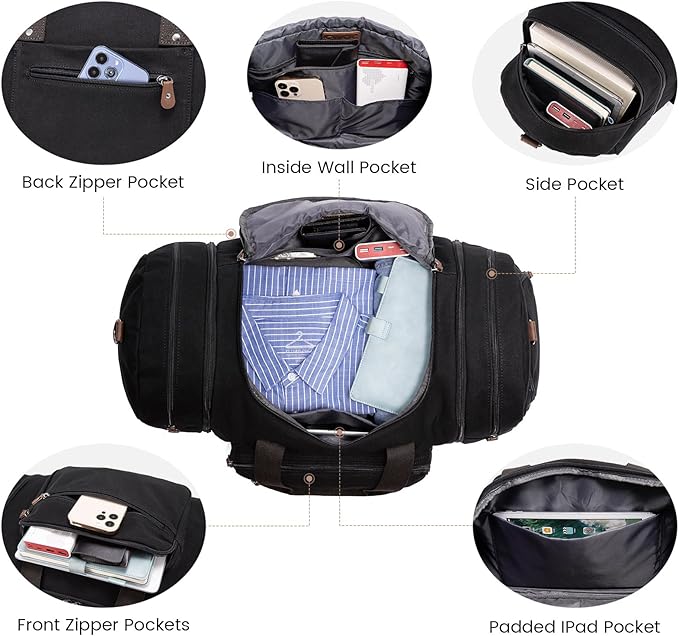Sucipi Canvas Travel Duffel Bag for Men, Weekend Overnight Bag with Shoe Compartment and Toiletry Bag, Carry-On for Airplanes, Black