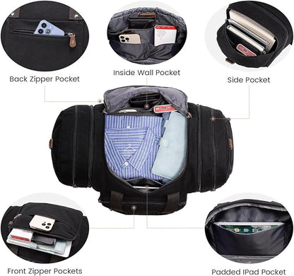 Sucipi Canvas Travel Duffel Bag for Men, Weekend Overnight Bag with Shoe Compartment and Toiletry Bag, Carry-On for Airplanes, Black