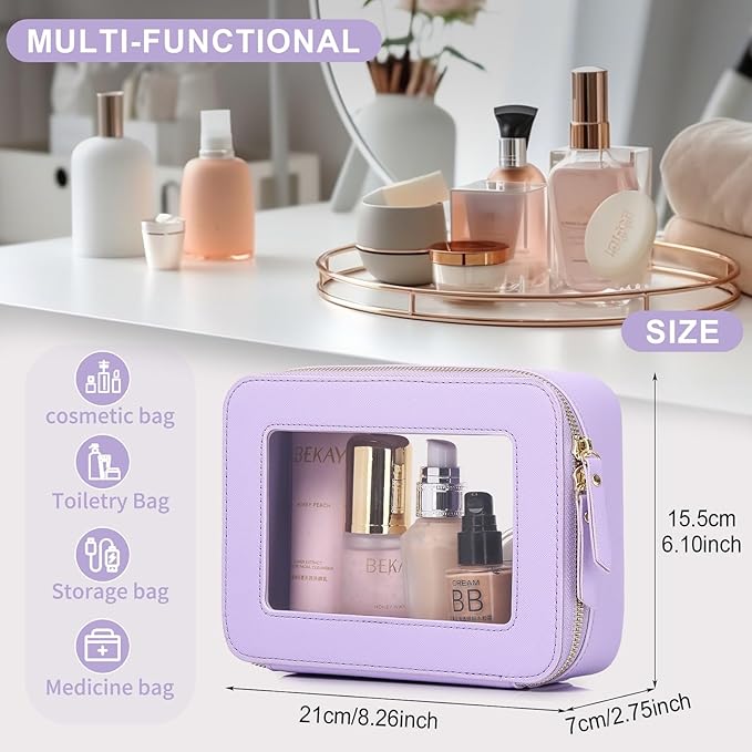 Pinkmik Clear Makeup Bag for Women Waterproof Travel Cosmetics and Toiletries Case Portable Makeup Oaganizer Bag Clear Car Bag with Zipper (X/Purple, M)