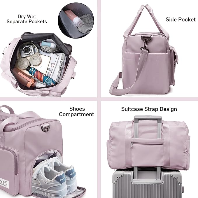 Travel Duffel Bag with Shoes Compartment Sports Gym Bag with Dry Wet Separated Pocket for Men and Women, Overnight Bag Weekender Bag Training Handbag Yoga Bag - Brown Pink