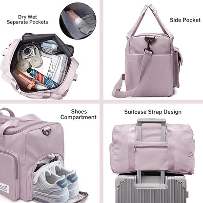 Travel Duffel Bag with Shoes Compartment Sports Gym Bag with Dry Wet Separated Pocket for Men and Women, Overnight Bag Weekender Bag Training Handbag Yoga Bag - Brown Pink