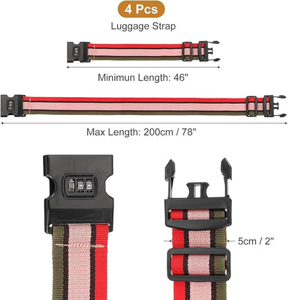 MECCANIXITY Luggage Straps with Combination Lock Adjustable Suitcase Belt Strap for Suitcase Briefcase Backpack Travel, Red-White-Blue, Pack of 4