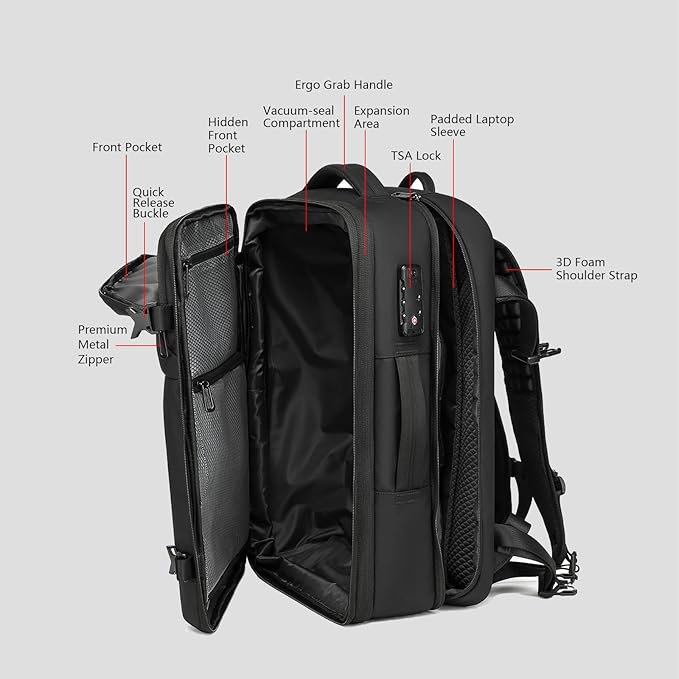 Vacuum Seal Travel Backpack 45L - Expandable Air Compression System, Water-Resistant, Carry-On Suitcase Luggage with TSA Lock Fits 18" Laptop - Vacuum Pump Included(Black)