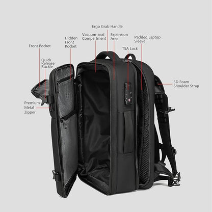 Vacuum Seal Travel Backpack 45L - Expandable Air Compression System, Water-Resistant, Carry-On Suitcase Luggage with TSA Lock Fits 18" Laptop - Vacuum Pump Included(Black)