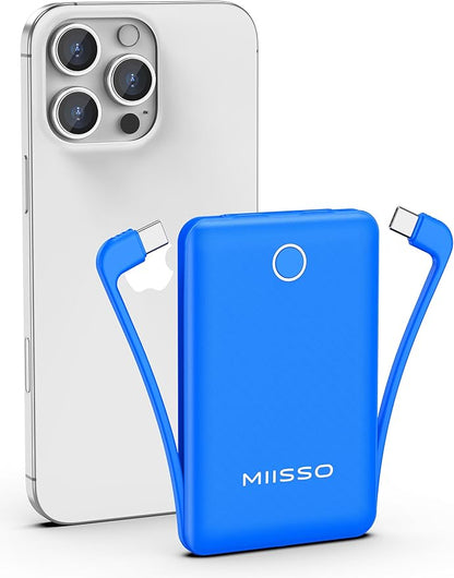 miisso 10000mAh Compatible with iPhone 15/16/17 and Android, Slim Portable Charger with Built in Cable, Power Bank Travel Charger External Battery Pack for Phone, 3 Output USB Type C Cord, Deep Blue