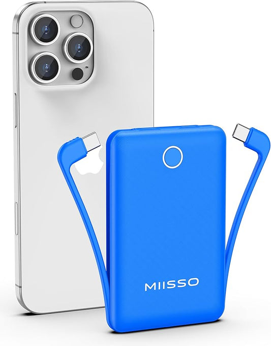 miisso 10000mAh Compatible with iPhone 15/16/17 and Android, Slim Portable Charger with Built in Cable, Power Bank Travel Charger External Battery Pack for Phone, 3 Output USB Type C Cord, Deep Blue