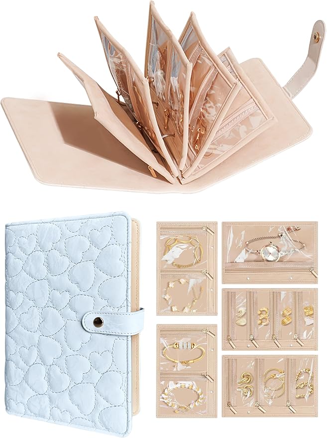 Travel Jewelry Organizer Case, Portable Jewelry Storage Book Ring Binder with Clear Pockets for Presentation, Zipper Pouch Holder Bag for Bracelet, Necklace, Earring, Ring(Blue)