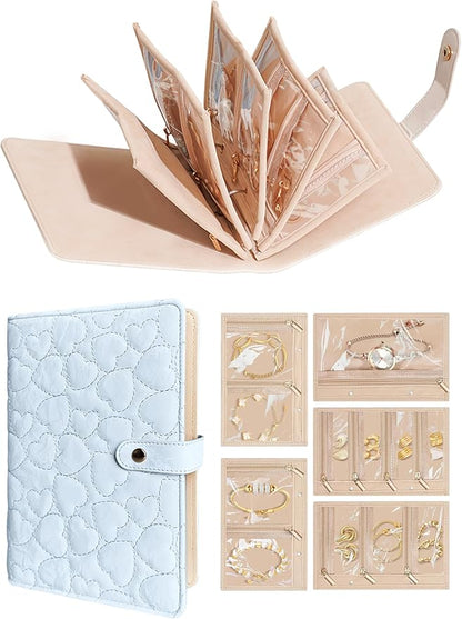 Travel Jewelry Organizer Case, Portable Jewelry Storage Book Ring Binder with Clear Pockets for Presentation, Zipper Pouch Holder Bag for Bracelet, Necklace, Earring, Ring(Blue)