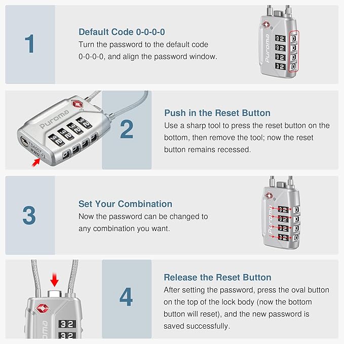 Puroma TSA Approved Luggage Lock, Multicolor 4 Digit Combination Travel Locks Resettable Code Lock with Zinc Alloy Body for Suitcase, Backpack, Bag, Gym Locker (Black,Blue,Silver,Red-Violet)