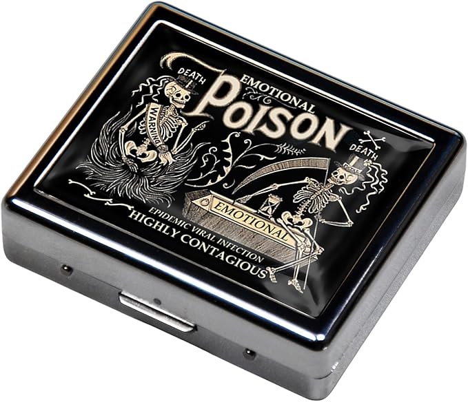 7 Days Chromed Shiny Silver Pill Organizer with Mirror Inside Has 8 Separate Compartments Rectangle Cute Travel Pill Organizer for Purse 7 Days (Emotional Poison)