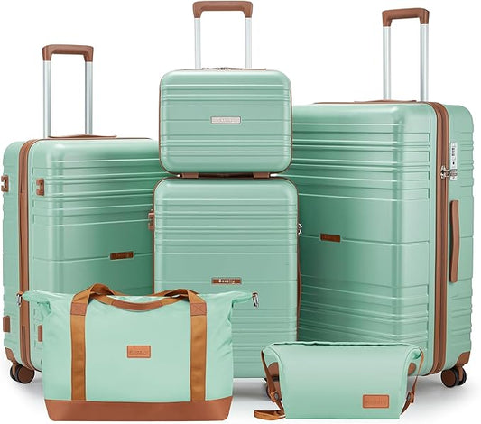 Luggage Sets 6 Piece with Spinner Wheels, Lightweight Hardshell Suitcase Set with TSA Lock, Carry On Checked Luggage with Travel Bag & Toiletry Bag (Green, 6 piece sets（14/20/24/28/DB/TB）)