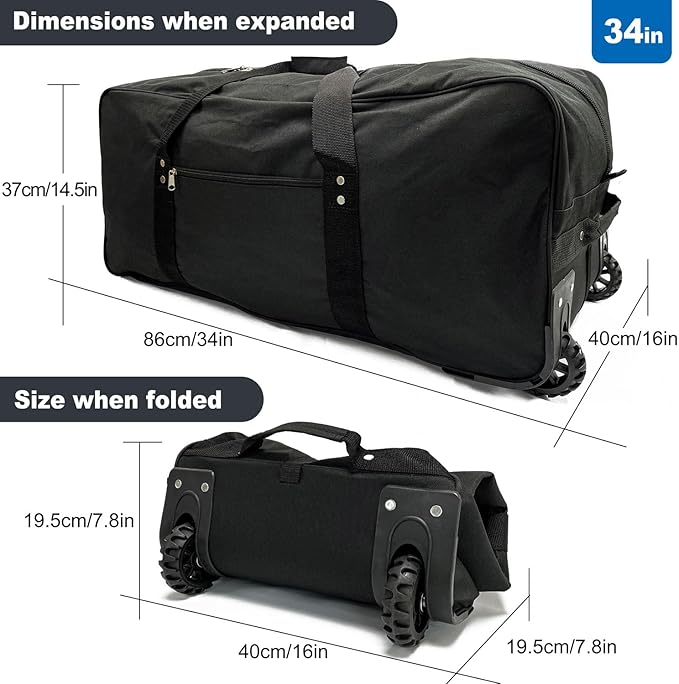 34 inch Large Foldable Duffle Bag with Wheels 600D Oxford Collapsible Large Heavy Duty Cargo Duffel Storage Duffel with Rollers for Camping Travel Gear, Black.