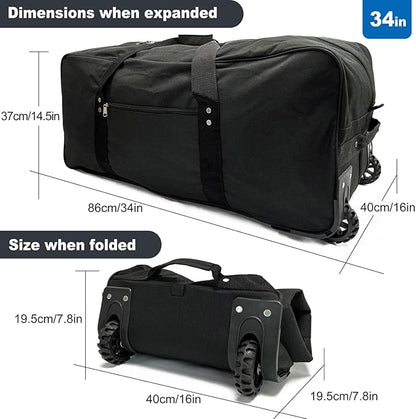 34 inch Large Foldable Duffle Bag with Wheels 600D Oxford Collapsible Large Heavy Duty Cargo Duffel Storage Duffel with Rollers for Camping Travel Gear, Black.