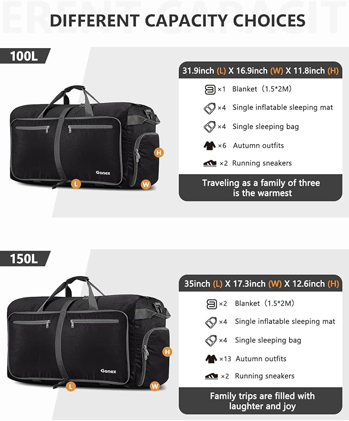 Gonex 40L 60L 80L 100L 150L Large Foldable Travel Duffle Bag with Shoes Compartment, Packable Lightweight Water Repellent Duffel Bag for Camping Gym Weekender Bag