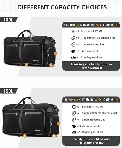 Gonex 40L 60L 80L 100L 150L Large Foldable Travel Duffle Bag with Shoes Compartment, Packable Lightweight Water Repellent Duffel Bag for Camping Gym Weekender Bag