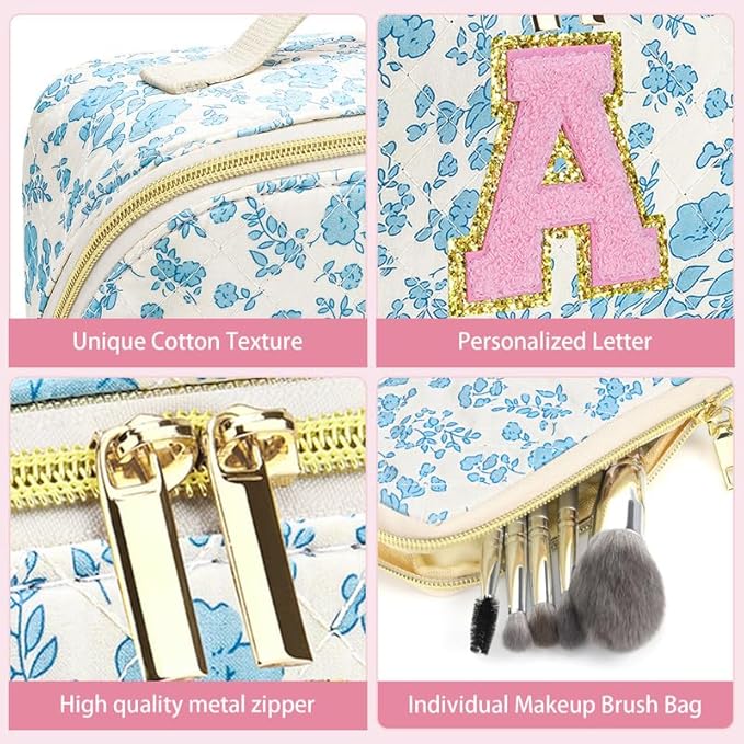 Personalized Travel Makeup Bag Set,Initial Travel Cute Floral Makeup Organizer Bag,Toiletry Skincare Cosmetic Bag,Christmas Gifts for Women/Girls,Open Flat Toiletry Pouch with Brush Pocket-V