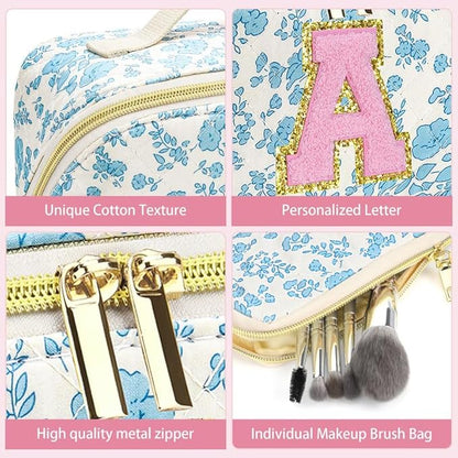 Personalized Travel Makeup Bag Set,Initial Travel Cute Floral Makeup Organizer Bag,Toiletry Skincare Cosmetic Bag,Christmas Gifts for Women/Girls,Open Flat Toiletry Pouch with Brush Pocket-R
