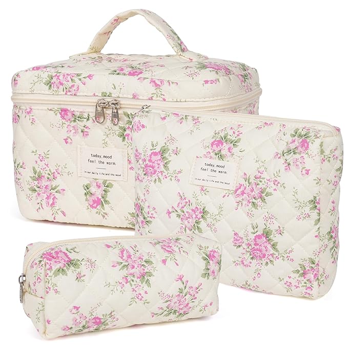 Makeup Bag,Quilted Cosmetic Bags,Large Floral Make Up Organize bag,Makeup Bag Set for Women,Flower Travel Toiletry Bag