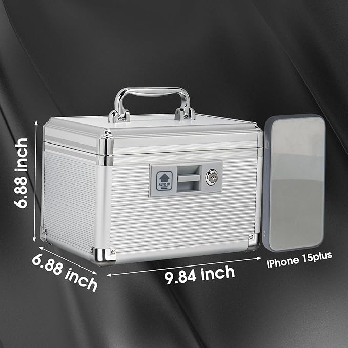 Medicine Lock Box with Key, Alluminum Alloy Box for Medication,First Aid Box with a Removeable Tray to Store Medicines & Pills for Home,Silver 10 * 6.89 * 6.89 Inch