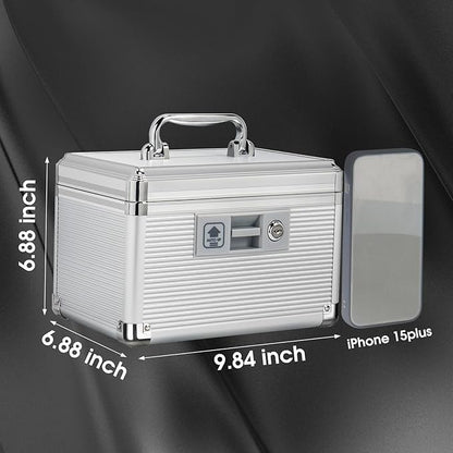 Medicine Lock Box with Key, Alluminum Alloy Box for Medication,First Aid Box with a Removeable Tray to Store Medicines & Pills for Home,Silver 10 * 6.89 * 6.89 Inch